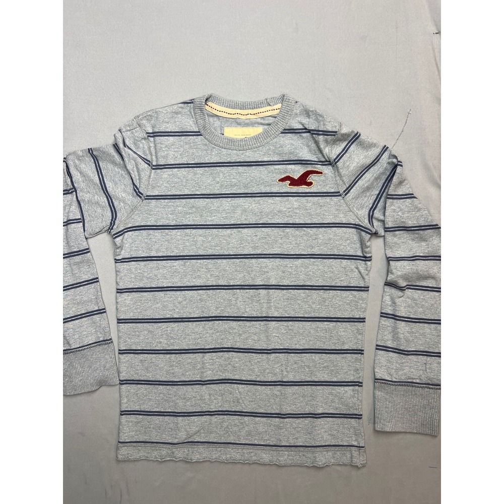 Hollister Mens Small Long Sleeve Striped T-Shirt Gray Navy Blue Seagull Logo